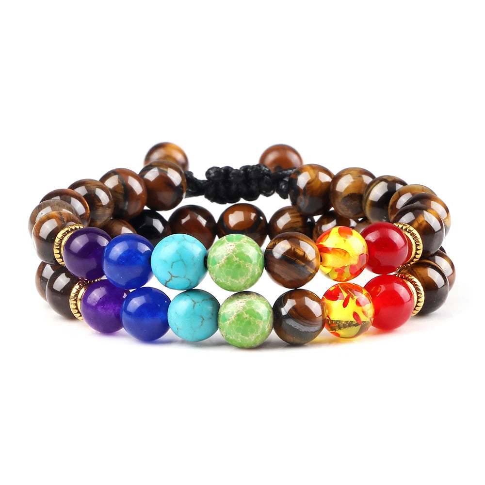 Bracelets 7 Chakras en Pierres Naturelles & Lave – Lot de 2 Bijoux Reiki Ajustables
