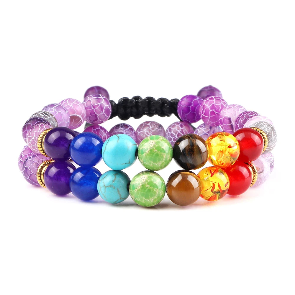 Bracelets 7 Chakras en Pierres Naturelles & Lave – Lot de 2 Bijoux Reiki Ajustables