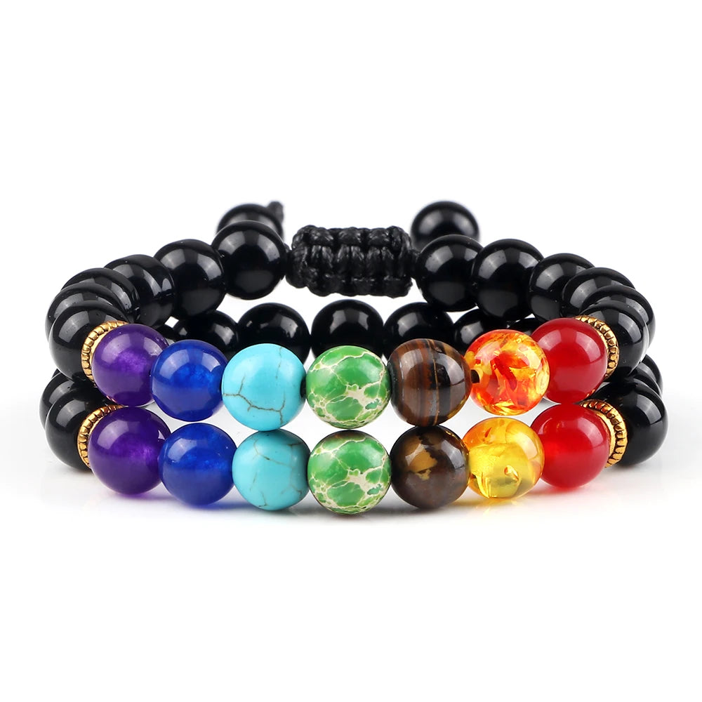 Bracelets 7 Chakras en Pierres Naturelles & Lave – Lot de 2 Bijoux Reiki Ajustables