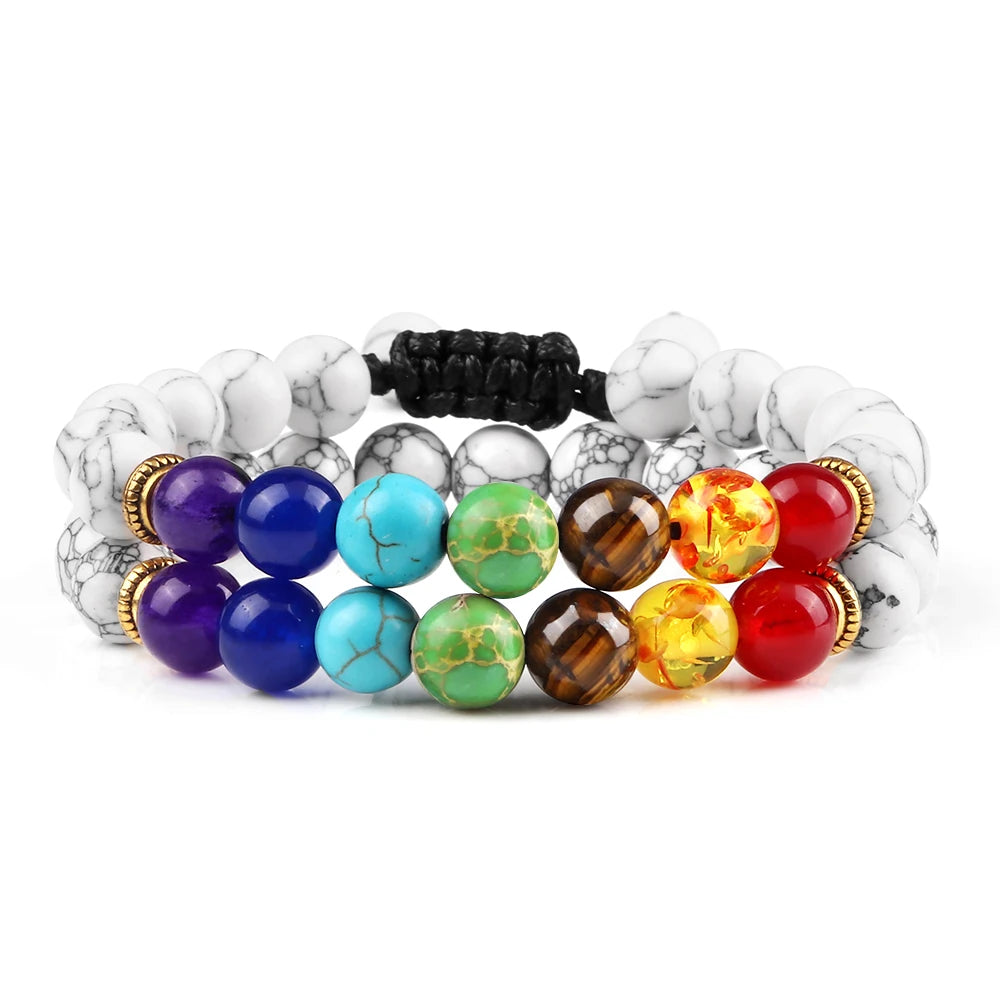 Bracelets 7 Chakras en Pierres Naturelles & Lave – Lot de 2 Bijoux Reiki Ajustables