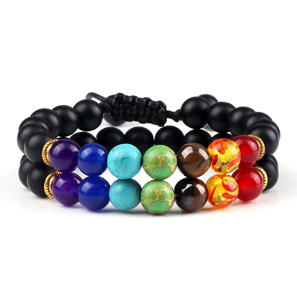 Bracelets 7 Chakras en Pierres Naturelles & Lave – Lot de 2 Bijoux Reiki Ajustables