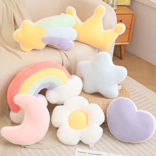 Coussins Peluche Décoratifs – Formes Ciel & Nature | Étoile, Lune, Fleur, Cœur, Arc-en-ciel
