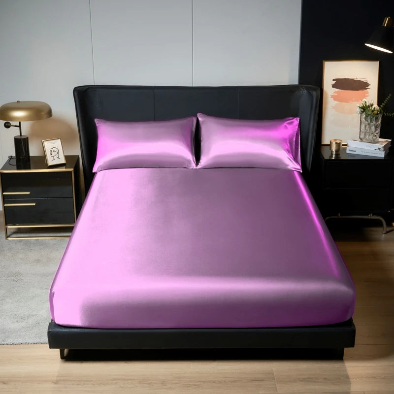 Parure de Lit Satinée 3 Pièces – Drap-Housse + 2 Taies | Finition Brillante 100% Polyester | Housse de Matelas Élastique