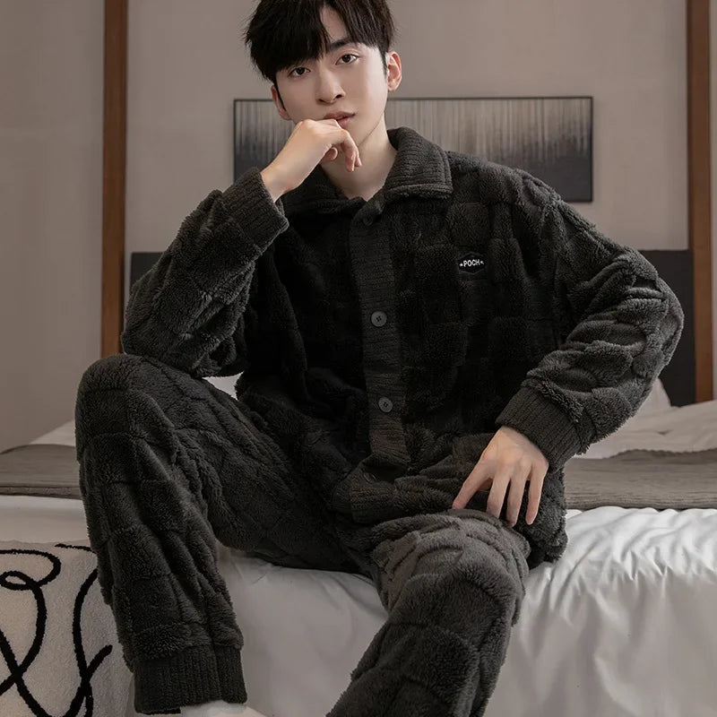 Pyjama Homme Hiver Épais – Ensemble 2 Pièces en Polaire Coral Fleece | Manches Longues & Pantalon Chaud