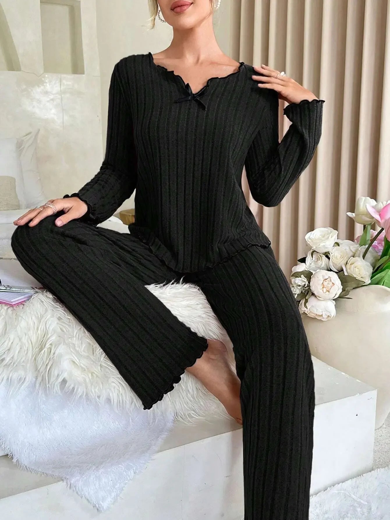 Ensemble Pyjama Femme Côtelé – Manches Longues & Pantalon Automne/Hiver
