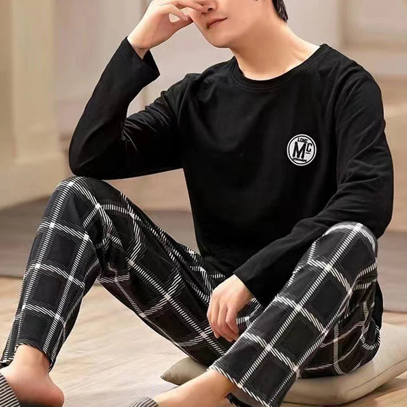 Pyjama Homme  – Ensemble 2 Pièces à Carreaux Noirs | Style Décontracté & Extérieur
