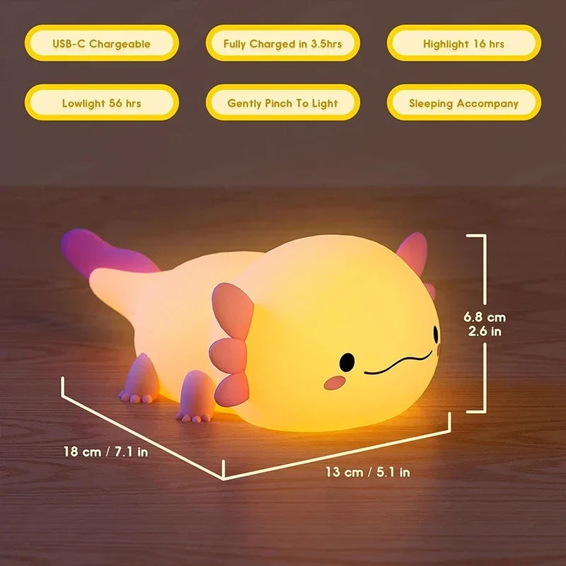 Veilleuse Axolotl Silicone Tactile – Lampe USB Rechargeable pour Enfants & Bébés | Lumière Douce & Apaisante
