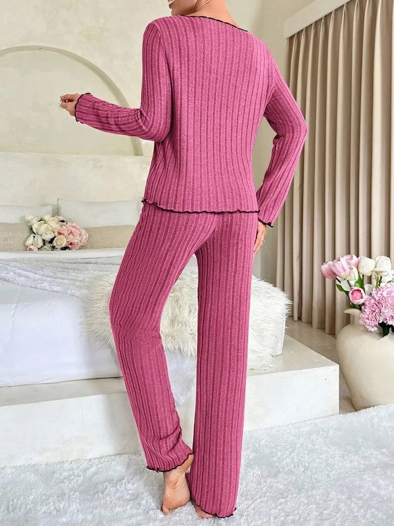 Ensemble Pyjama Femme Côtelé – Manches Longues & Pantalon Automne/Hiver