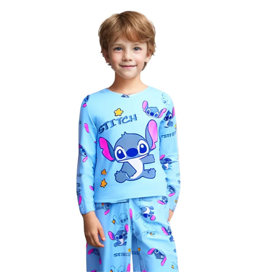 Pyjama Enfant Stitch – Ensemble Printemps/Été 2 Pièces en Soie  | Manches Longues Bleu Doux