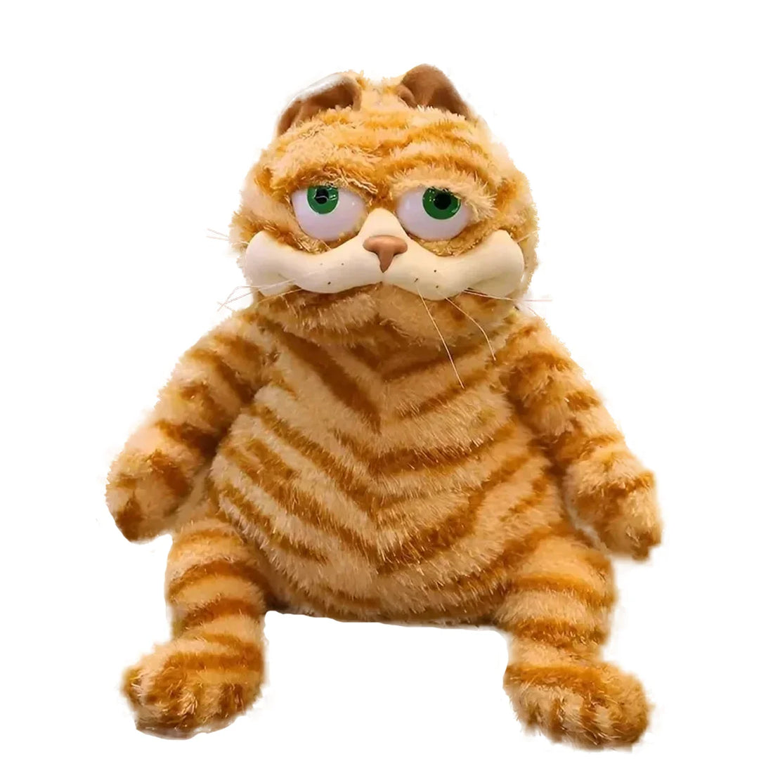 Gros chat roux en peluche assis, à lunettes et aux yeux verts, sur fond blanc
