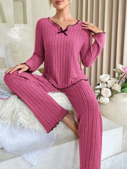 Ensemble Pyjama Femme Côtelé – Manches Longues & Pantalon Automne/Hiver