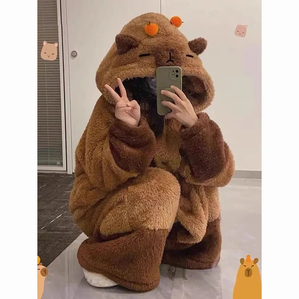 Pyjama Cosplay Capybara Hiver – Kigurumi Doux Adulte | Combinaison Chaude Fantaisie Détente & Dodo