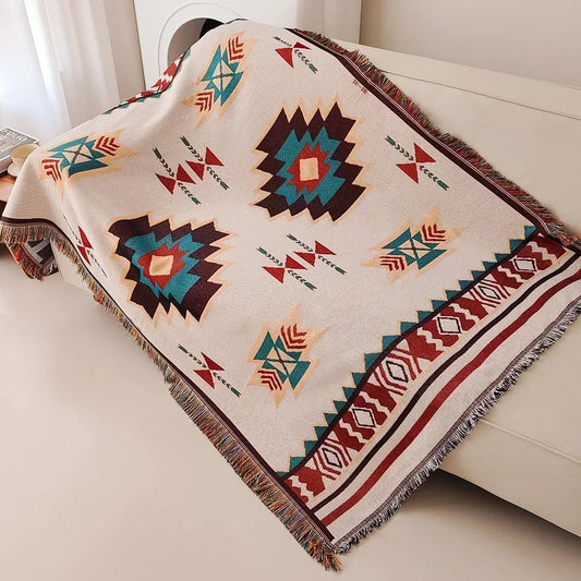 Couverture Aztèque Bohème – Jeté Tissé à Franges | Motifs Géométriques Vintage | Style Southwestern Double Face