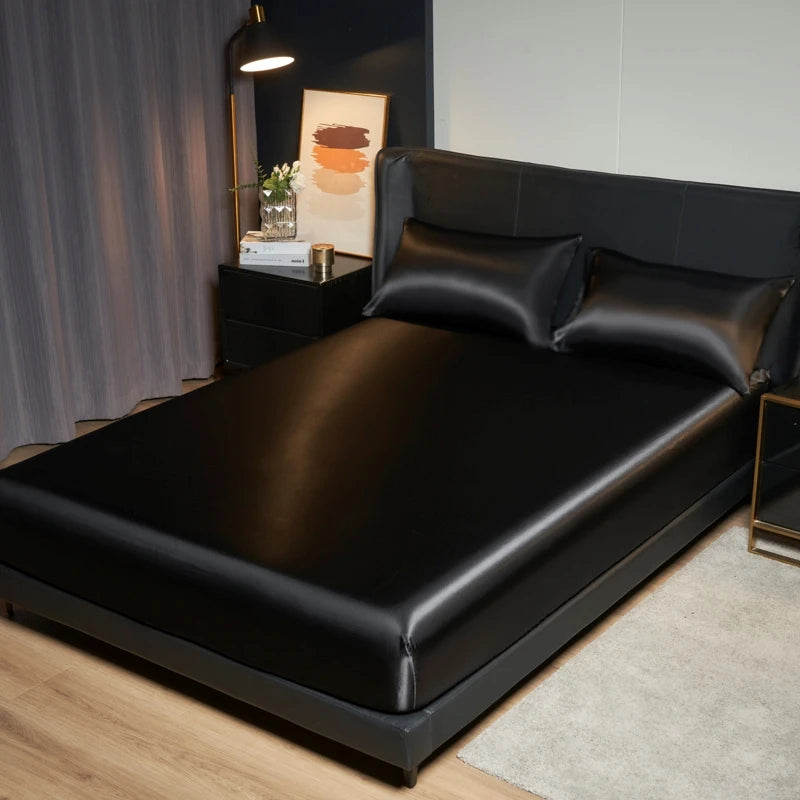 Parure de Lit Satinée 3 Pièces – Drap-Housse + 2 Taies | Finition Brillante 100% Polyester | Housse de Matelas Élastique