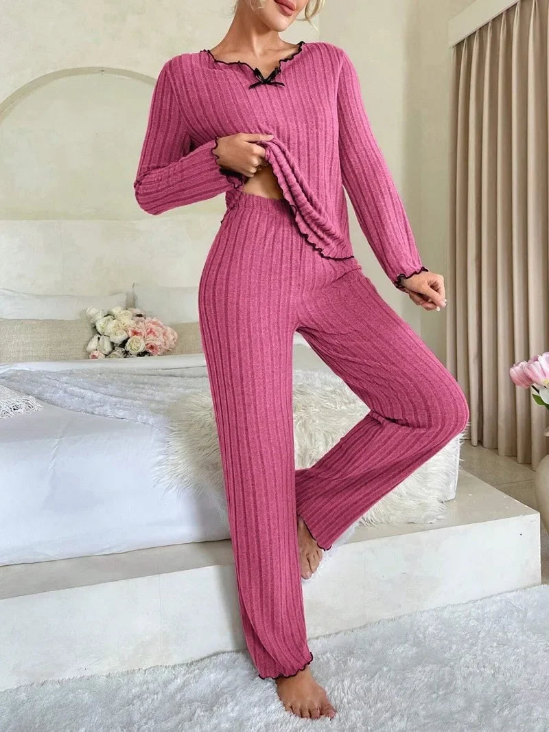 Ensemble Pyjama Femme Côtelé – Manches Longues & Pantalon Automne/Hiver