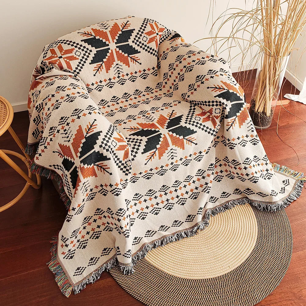 Couverture Aztèque Bohème – Jeté Tissé à Franges | Motifs Géométriques Vintage | Style Southwestern Double Face