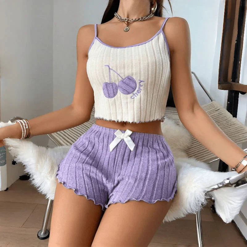Pyjama Femme Été 2 Pièces – Ensemble Débardeur & Short en Laine Fine | Confort Léger & Élégant pour la Maison