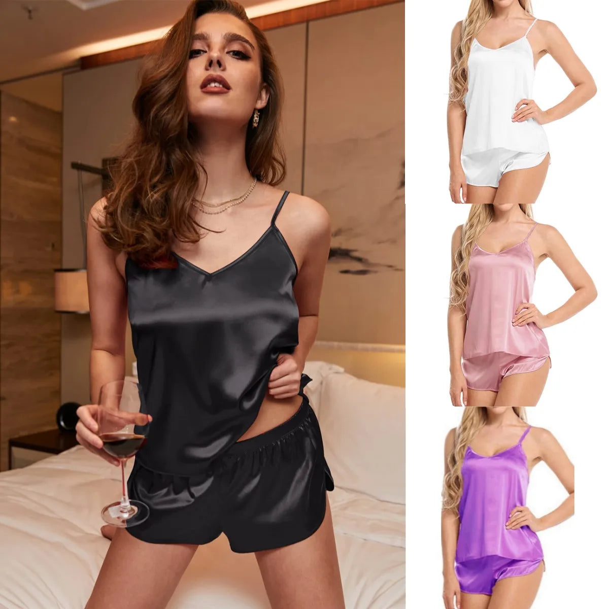 Ensemble Lingerie Satinée Femme – Débardeur & Short | Pyjama Léger 2 Pièces Élégant & Confort Nocturne