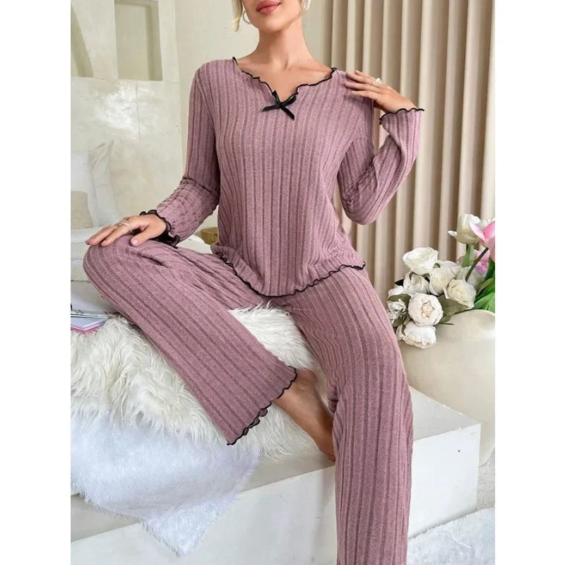 Ensemble Pyjama Femme Côtelé – Manches Longues & Pantalon Automne/Hiver