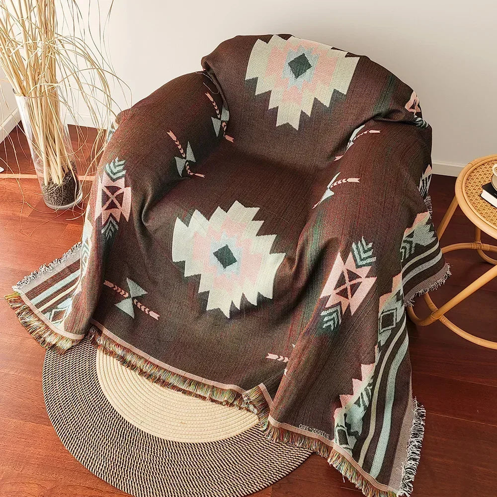Couverture Aztèque Bohème – Jeté Tissé à Franges | Motifs Géométriques Vintage | Style Southwestern Double Face