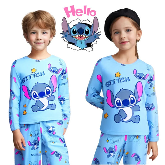 Pyjama Enfant Stitch – Ensemble Printemps/Été 2 Pièces en Soie  | Manches Longues Bleu Doux