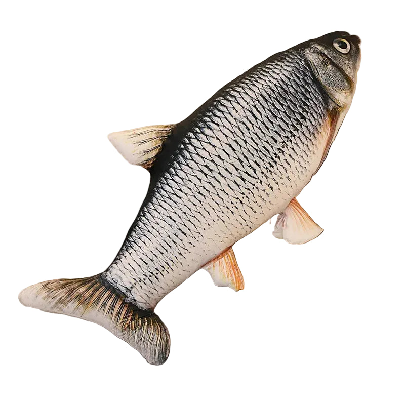 Peluche poisson réaliste argentée en forme de carpe, sur fond blanc