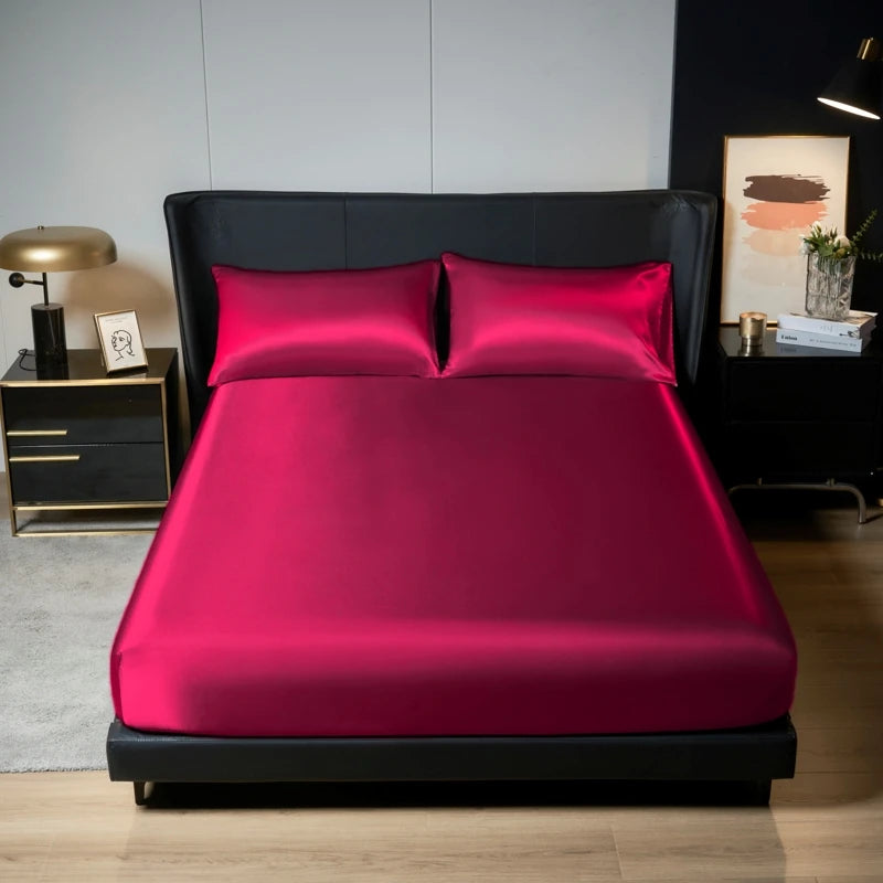 Parure de Lit Satinée 3 Pièces – Drap-Housse + 2 Taies | Finition Brillante 100% Polyester | Housse de Matelas Élastique