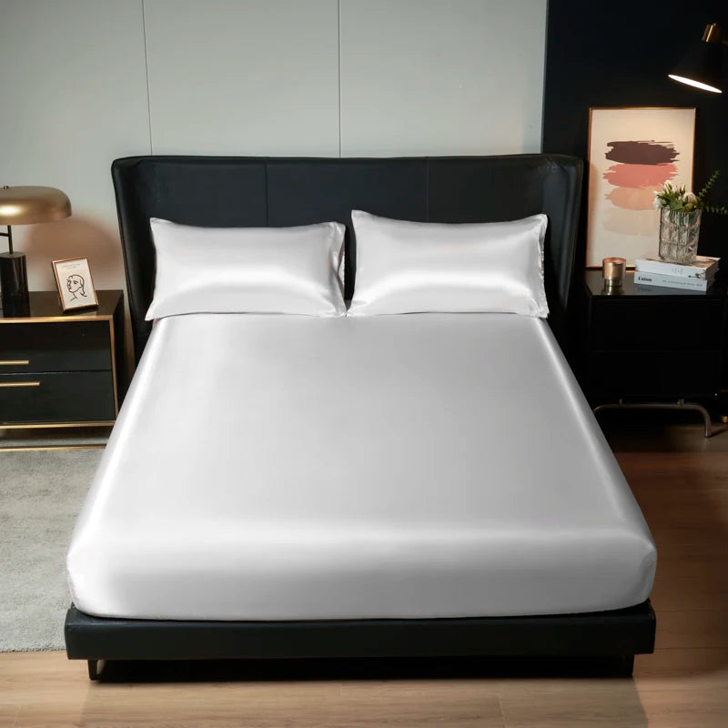 Parure de Lit Satinée 3 Pièces – Drap-Housse + 2 Taies | Finition Brillante 100% Polyester | Housse de Matelas Élastique