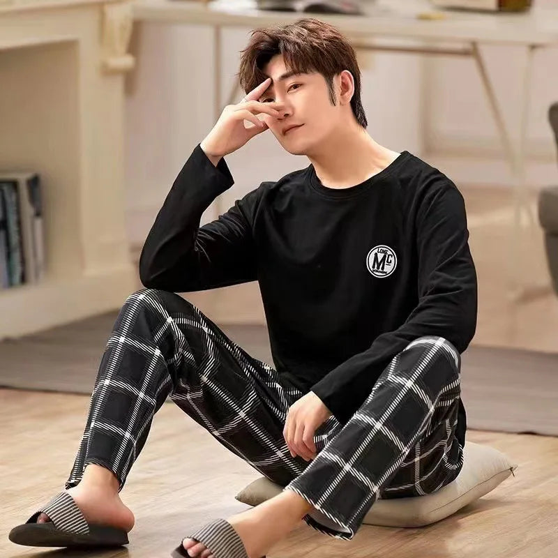 Pyjama Homme  – Ensemble 2 Pièces à Carreaux Noirs | Style Décontracté & Extérieur