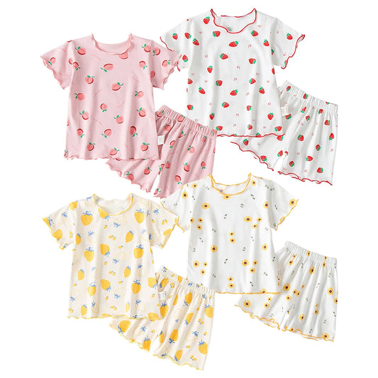 Pyjama Fille Été en Soie Glacée – Ensemble T-shirt & Pantalon Motif Cartoon | Léger, Confortable