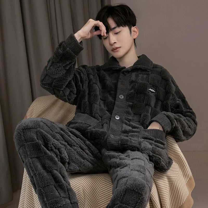 Pyjama Homme Hiver Épais – Ensemble 2 Pièces en Polaire Coral Fleece | Manches Longues & Pantalon Chaud