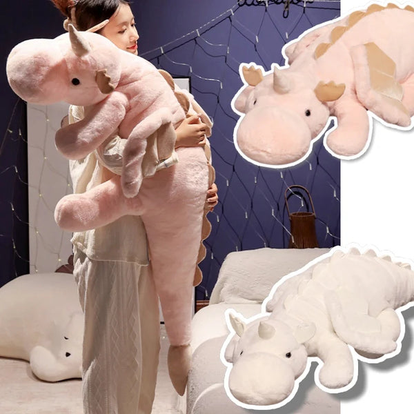 Peluche Dragon Géante Blanche – Ailes & Corne de Licorne (70-150 cm)
