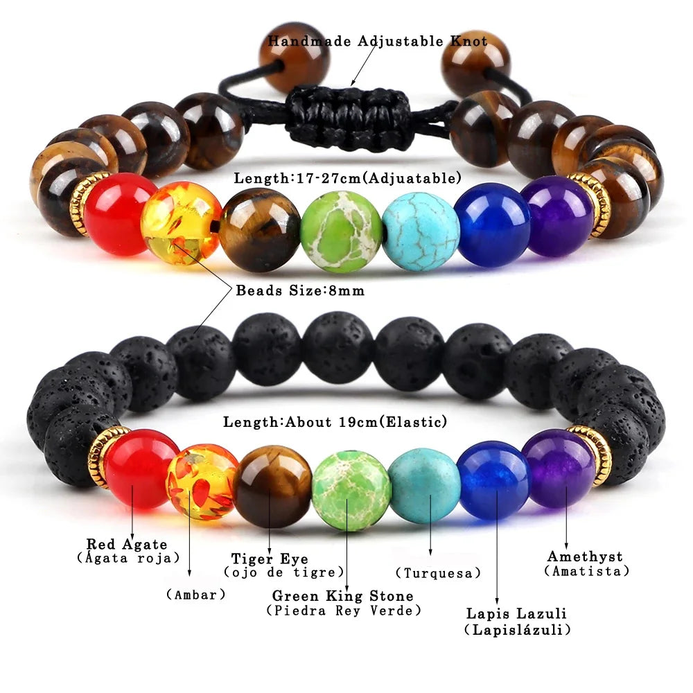Bracelets 7 Chakras en Pierres Naturelles & Lave – Lot de 2 Bijoux Reiki Ajustables