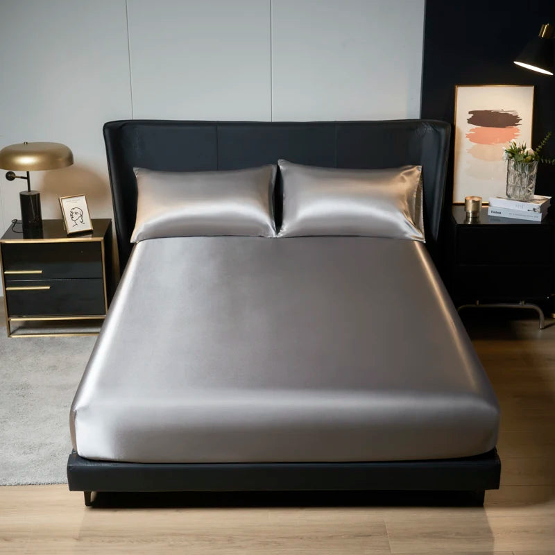 Parure de Lit Satinée 3 Pièces – Drap-Housse + 2 Taies | Finition Brillante 100% Polyester | Housse de Matelas Élastique