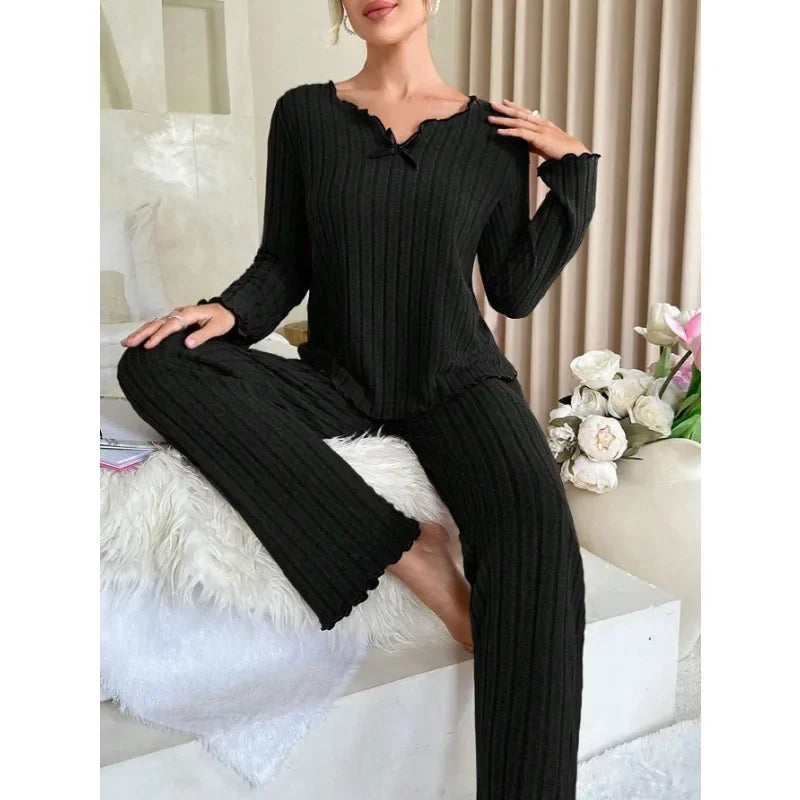 Ensemble Pyjama Femme Côtelé – Manches Longues & Pantalon Automne/Hiver