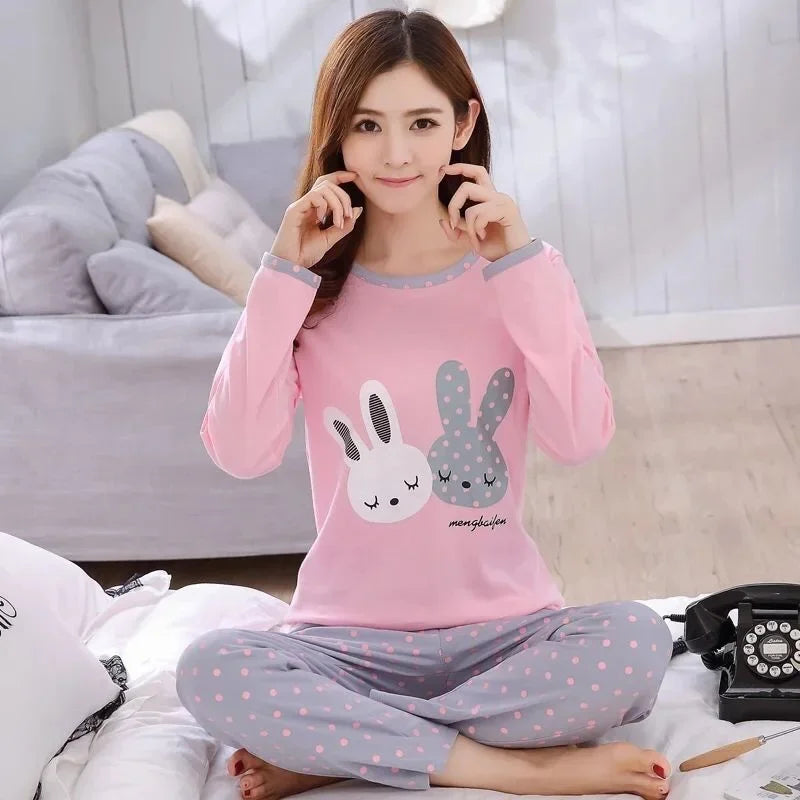 Pyjama Femme Léger Automne – Ensemble 2 Pièces Motif Ours & Chat Tasse | Haut à Col Rond & Pantalon Confort