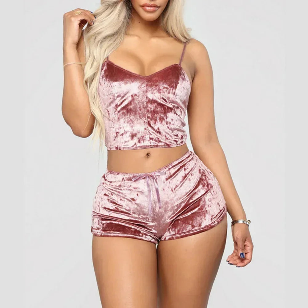 Pyjama Femme Velours – Ensemble 2 Pièces Débardeur & Short | Douceur Chic pour la Maison