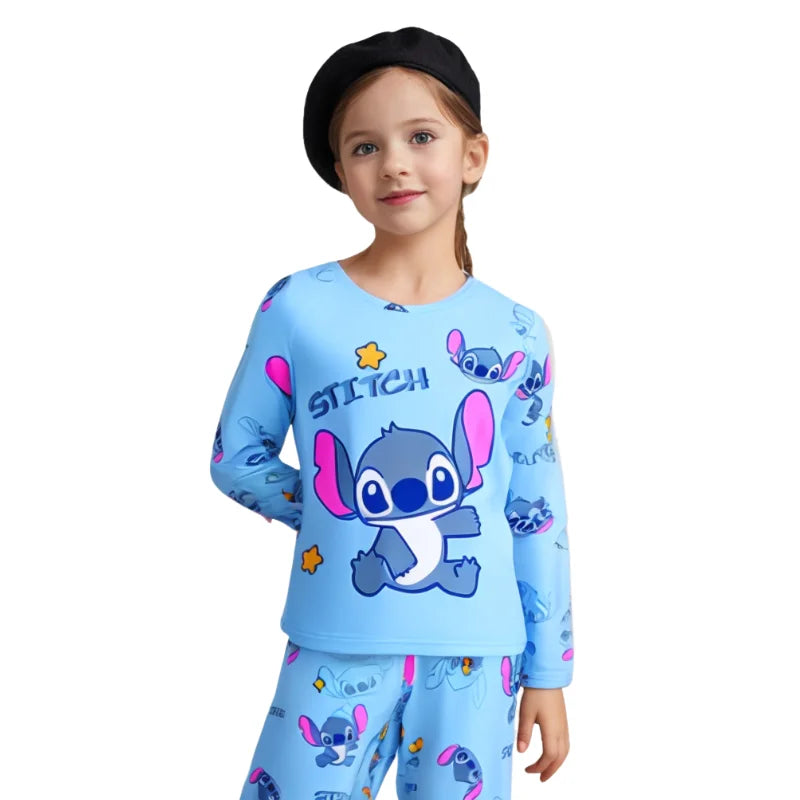 Pyjama Enfant Stitch – Ensemble Printemps/Été 2 Pièces en Soie  | Manches Longues Bleu Doux
