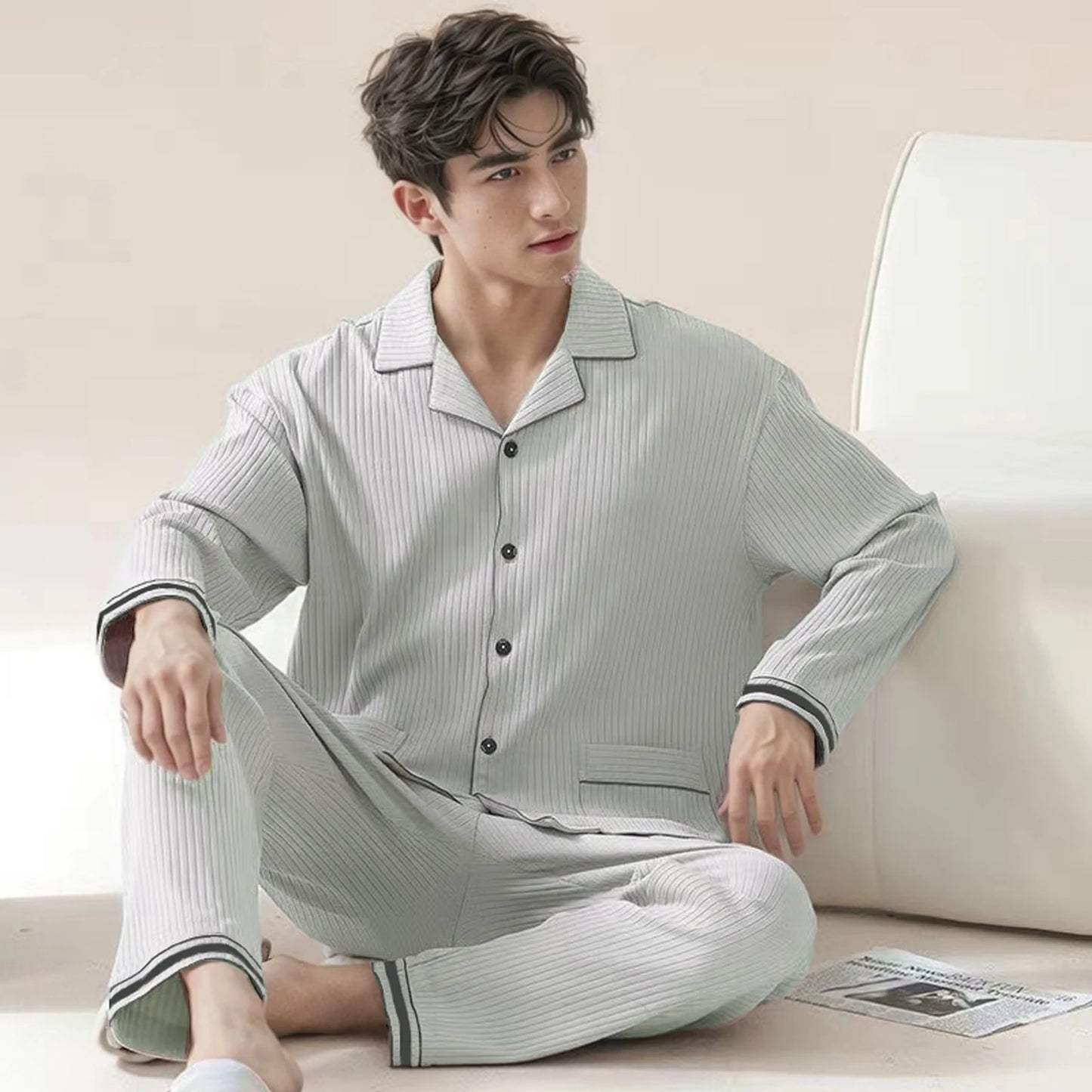 Pyjama Homme Léger – Ensemble 2 Pièces Manches Longues | Printemps & Automne | Coupe Décontractée Jeune