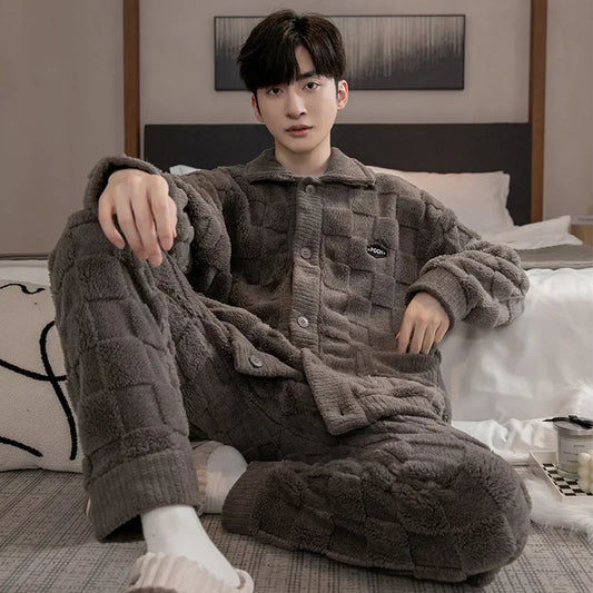 Pyjama Homme Hiver Épais – Ensemble 2 Pièces en Polaire Coral Fleece | Manches Longues & Pantalon Chaud
