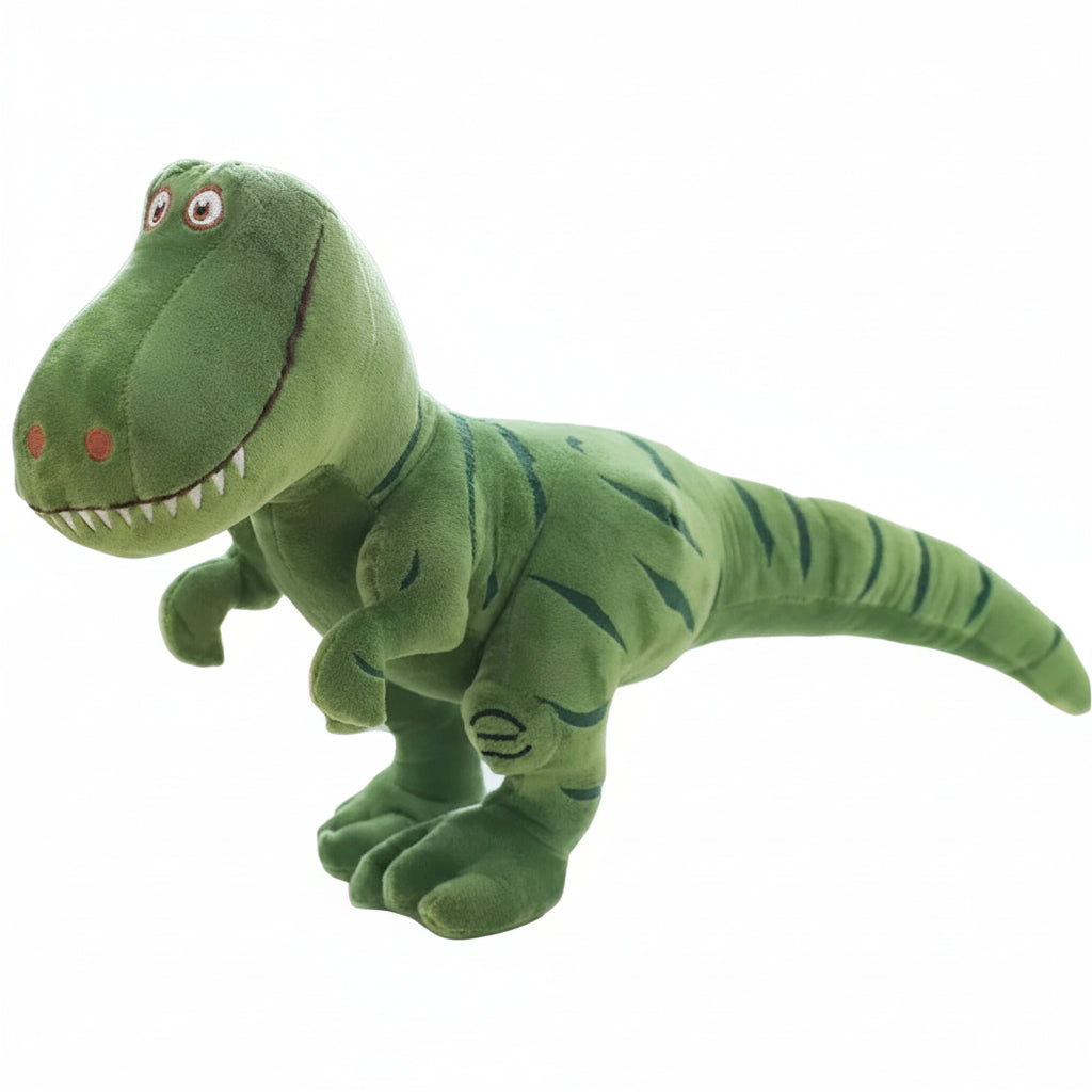 Peluche dinosaure T-Rex verte de profil, longue queue, sur fond blanc