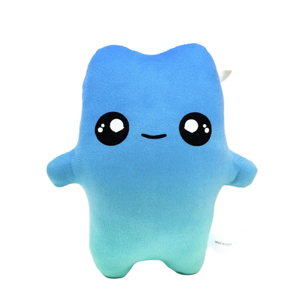 Peluche mascotte kawaii bleue dégradée avec de grands yeux brillants, sur fond blanc