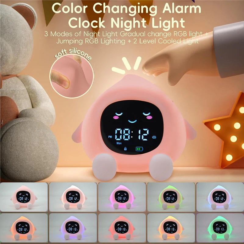 Réveil Enfant LED en Forme de Fruit – Lampe de Nuit, Minuteur Silencieux & Alarme 6-en-1