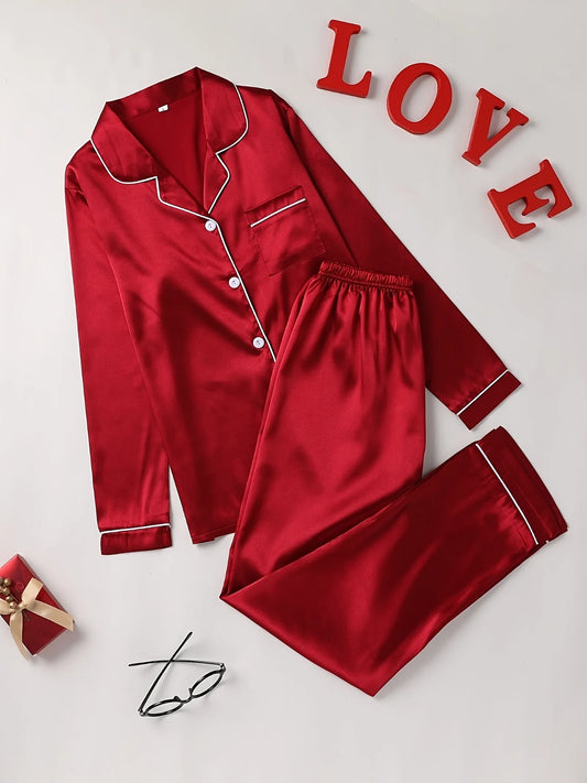 Ensemble Pyjama Femme Uni – Haut Boutonné à Manches Longues & Pantalon
