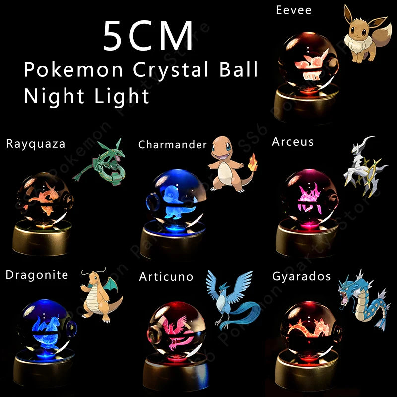 Boule Pokémon Cristal 3D avec Lumière – Pikachu, Gengar, Mewtwo | Pokéball Lumineuse Cadeau Enfant