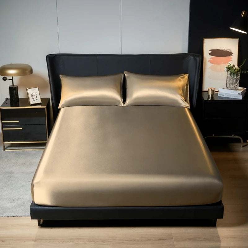 Parure de Lit Satinée 3 Pièces – Drap-Housse + 2 Taies | Finition Brillante 100% Polyester | Housse de Matelas Élastique