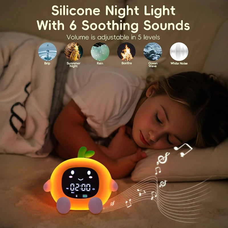 Réveil Enfant LED en Forme de Fruit – Lampe de Nuit, Minuteur Silencieux & Alarme 6-en-1