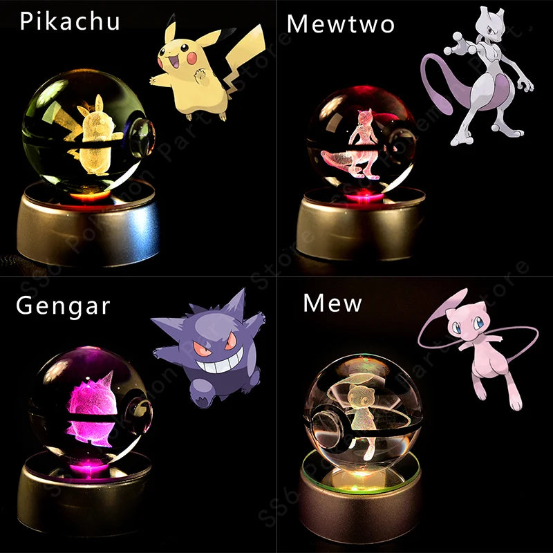 Boule Pokémon Cristal 3D avec Lumière – Pikachu, Gengar, Mewtwo | Pokéball Lumineuse Cadeau Enfant