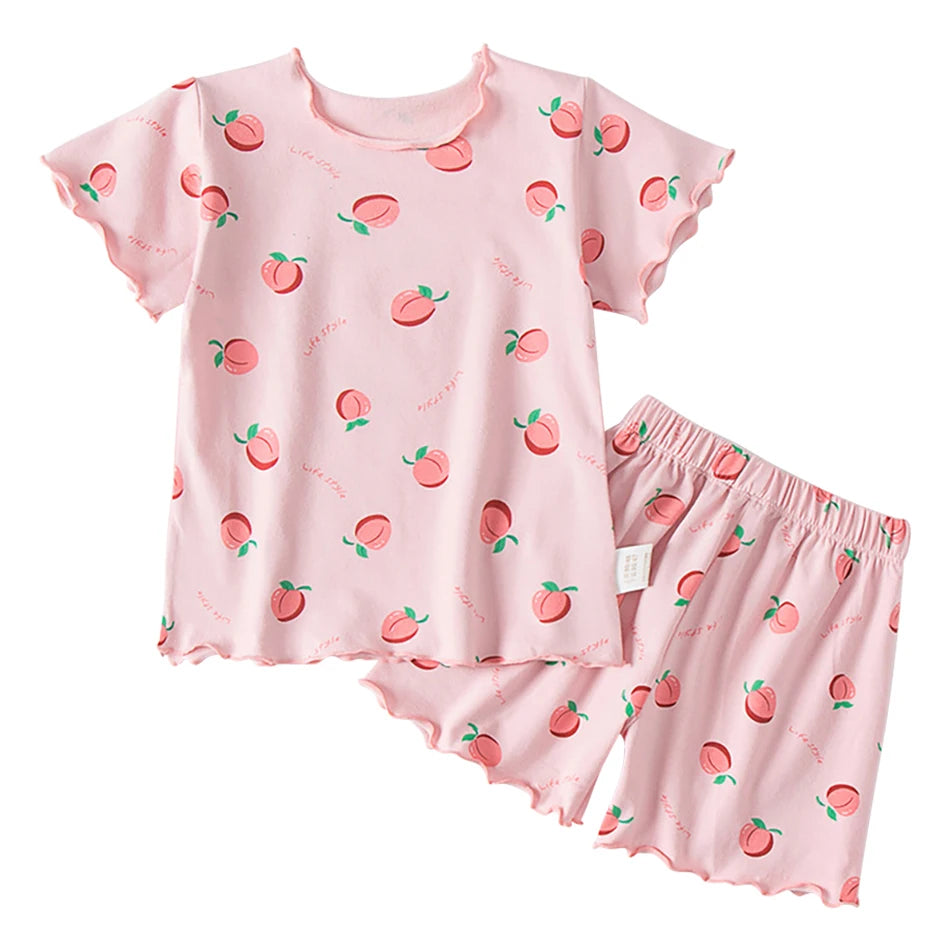 Pyjama Fille Été en Soie Glacée – Ensemble T-shirt & Pantalon Motif Cartoon | Léger, Confortable