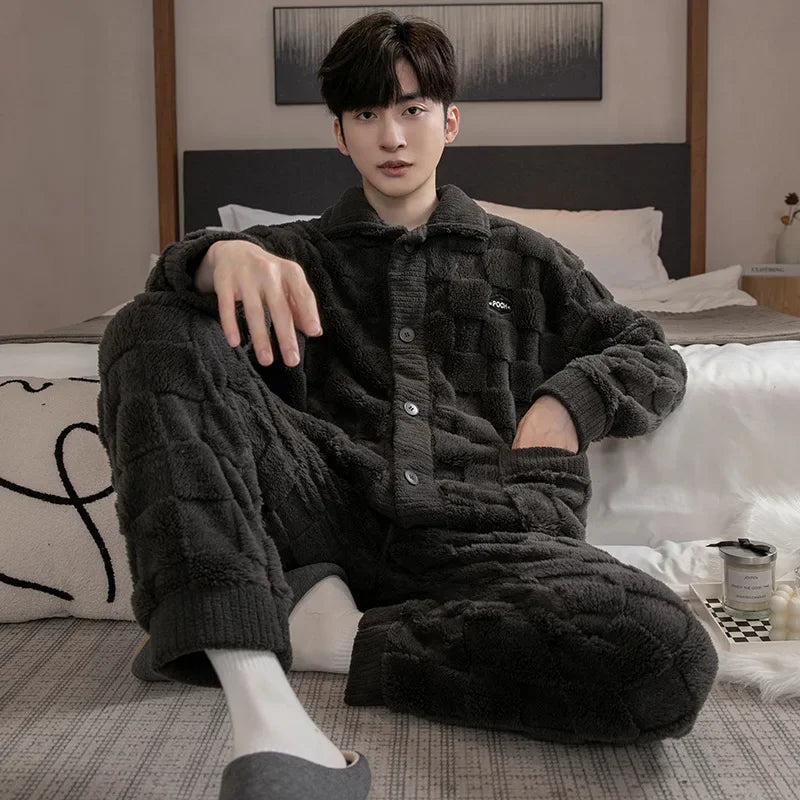 Pyjama Homme Hiver Épais – Ensemble 2 Pièces en Polaire Coral Fleece | Manches Longues & Pantalon Chaud